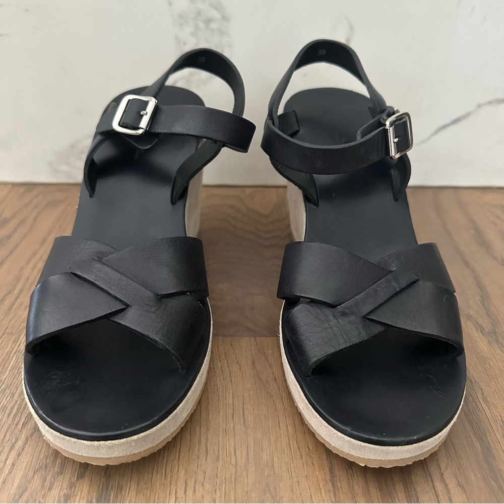 New A.P.C. Juliette Smooth Leather Platform Wedge Sandal Black / Beige 39 / 9